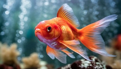 a visually stunning scene of brilliantly colored goldfish swimming gracefully in a pristine aquarium. Focus on the details of their scales and the clarity of the water, creating a tranquil and captiva