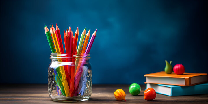 A jar of colored pencils sits on a table with a jar of books 