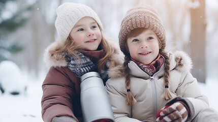 Fototapeta premium Children with a thermos in winter