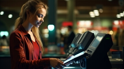 Fototapeta na wymiar The cashier girl works at the cash register
