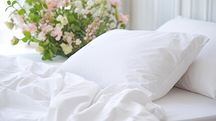 A white bed with flowers