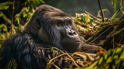 Close-up image of a mountain gorilla among natural foliage.