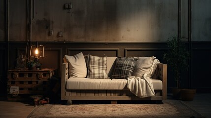 A cozy corner in an industrial-style living space highlighted by a vintage wooden trunk table, plush sofa with checkered pillows, and a warm, glowing lamp.