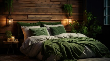 Rustic bedroom featuring a wood-paneled wall, green bedding, and ambient lighting creating a cozy and inviting atmosphere.
