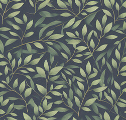 Background with leaves. Colorful illustration. Green floral pattern. Flyer, card design. Nature, vintage backdrop. Decoration wallpaper