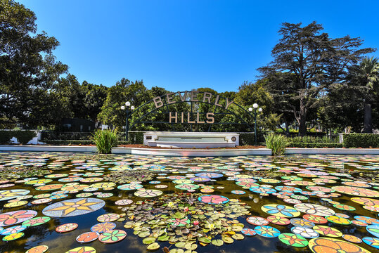 The Neon Nights in 3D Installation on Lily Pond by the Beverly Hills Sign - August 2017