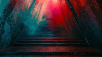 Color Damp Gritty Stairs going up and the Whole Scene looks like a Pyramid Triangle with Bold Lines - Colorful Triangle Pyramid Music Album Cover Background created with Generative AI Technology - obrazy, fototapety, plakaty