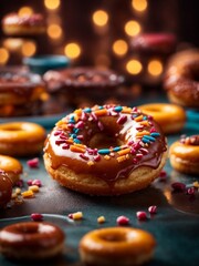 Glazed doughnut with topping in studio lighting and background, cinematic donut dessert photography