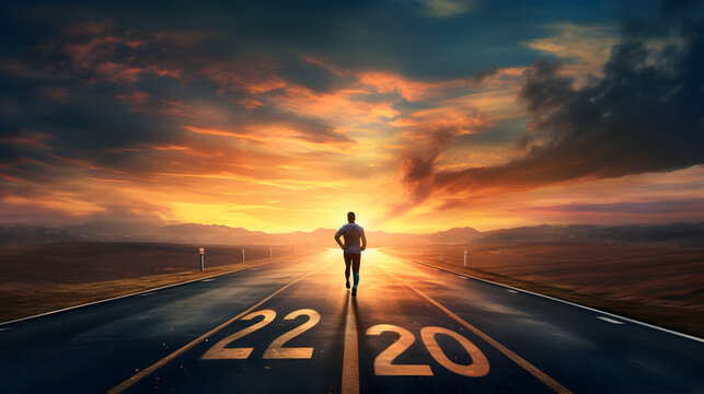 illustration of an athletic man walking on a deserted road into the sunset. The image is focused on the man's leg, which emphasizes his physical fitness and determination Pro Photo,,
