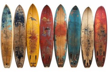 Collection of vintage wooden fishboard surfboard isolated on white with clipping path for object, retro styles.
