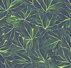 Fototapeta na wymiar Background with leaves. Colorful illustration. Green floral pattern. Flyer, card design. Nature, vintage backdrop. Decoration wallpaper