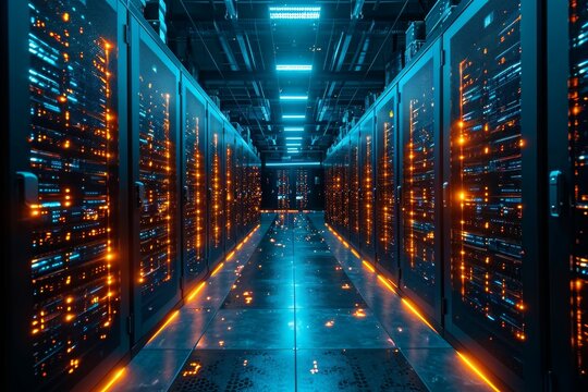 Shot of Corridor in Working Data Center Full of Rack Servers and Supercomputers with High Internet Visualisation Projection.