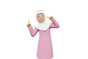 3d illustration of muslim woman greeting with white shirt and transparent background
