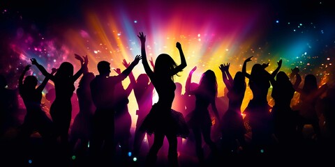 Fototapeta na wymiar Party crowd silhouettes dancing on nightclub