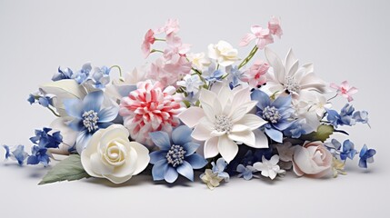 a delicate arrangement of white, blue, and pink flowers artfully placed on a pristine white surface.