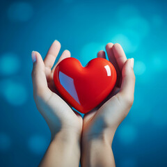 Female hands holding a red heart on blue bokeh background.