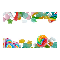 Colorful assorted candy border isolated transparent