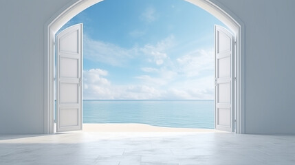 mock up of white door opening to the sea view background