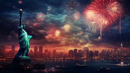 Statue of Liberty and New York City skyline at night with fireworks
