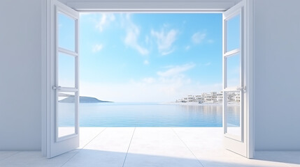 beautiful mock up of white door opening to the sea view background