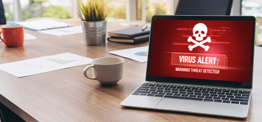 Virus warning alert on computer screen detected modish cyber threat , hacker, computer virus and...
