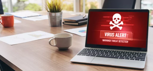 Fotobehang Virus warning alert on computer screen detected modish cyber threat , hacker, computer virus and malware © Summit Art Creations