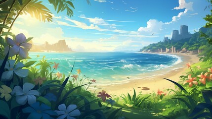 Fototapeta na wymiar Beautiful seascape with tropical plants and flowers. Illustration