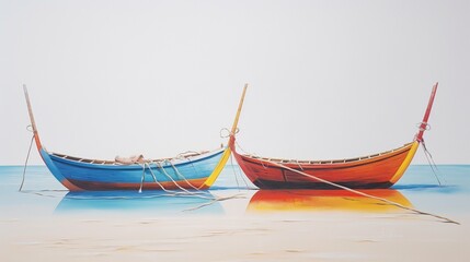 Fototapeta na wymiar a pair of traditional longtail boats, their colorful bows and distinct designs creating a visually striking display against the simplicity of a clean and inviting white canvas.