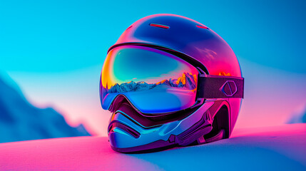 vibrant and reflective snowboarding goggles next to a matching protective helmet, ready for the slopes