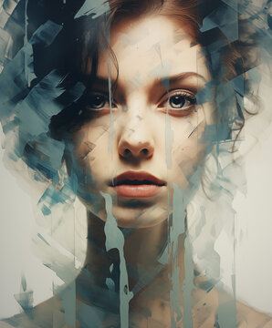 Double exposure woman portrait, Create an image illustrating the seamless fusion of women's elegance with the hues.
