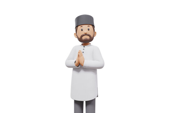 3d illustration of man muslim greeting, pointing and showing something at camera with transparent background