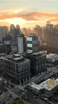 Glowing Orange Sunrise Hyperlapse in Seattle Shot by Drone
