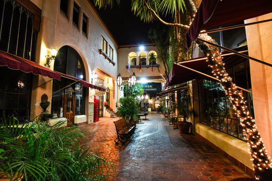 Beautiful Courtyard of La Arcada Plaza at Night - Santa Barbara, California