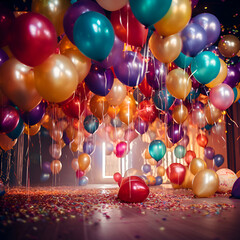 Colorful balloons with confetti on wooden floor. Birthday party concept