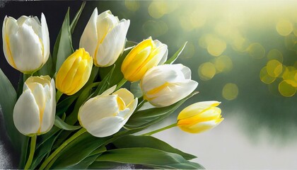 Obraz premium a charming digital postcard featuring a bouquet of white and yellow tulips elegantly arranged in the upper left corner. Ensure there is a blank space strategically left for inserting congratulatory te