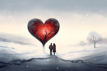 Digital composite of Couple walking in winter landscape with big red heart
