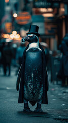 Dapper penguin struts through city streets in tailored elegance, embodying street style. The realistic urban backdrop frames this formally attired bird, seamlessly merging Antarctic charm with contemp - obrazy, fototapety, plakaty