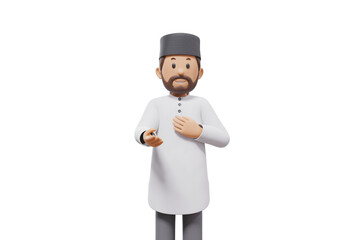 3d illustration of man muslim greeting, pointing and showing something at camera with transparent background