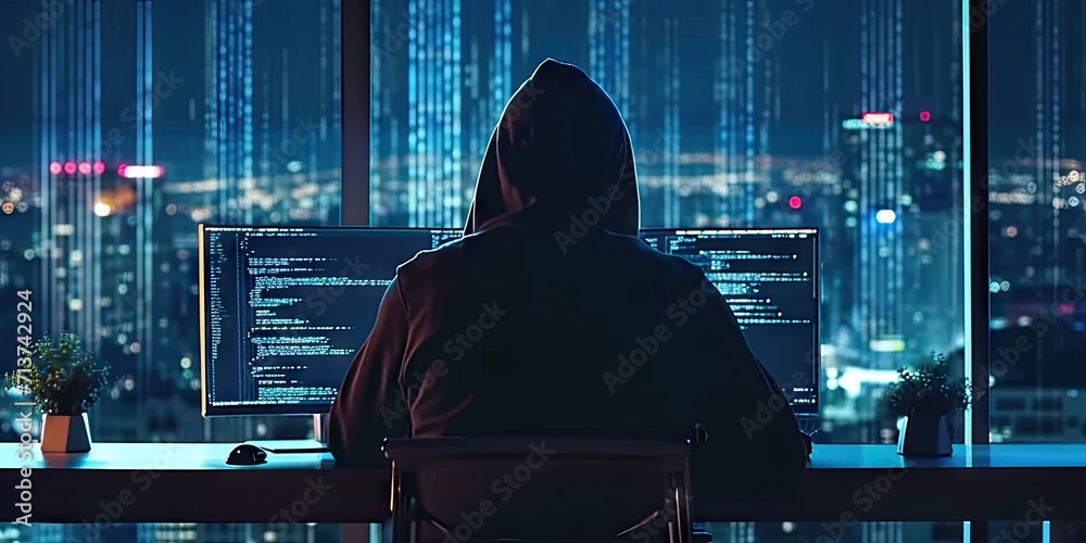 Poster hacker with computer in dark setting technology security breach hacking cyber internet virus web cri