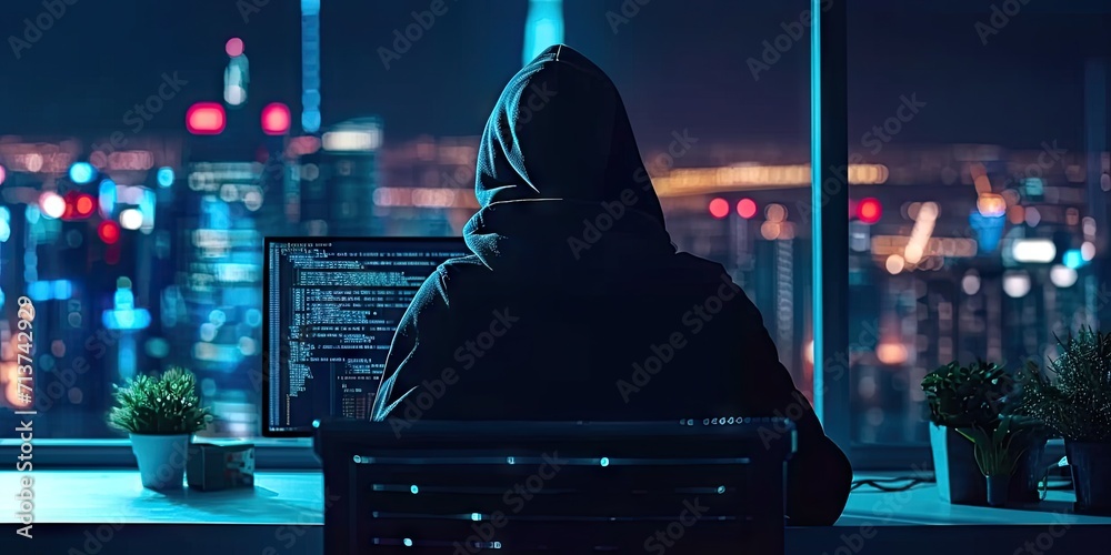 Poster hacker with computer in dark setting technology security breach hacking cyber internet virus web cri