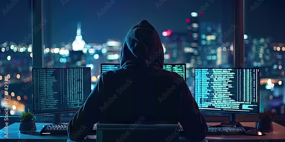 Poster hacker with computer in dark setting technology security breach hacking cyber internet virus web cri