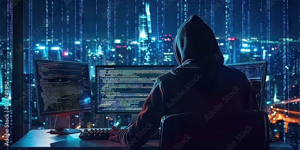 Poster hacker with computer in dark setting technology security breach hacking cyber internet virus web cri