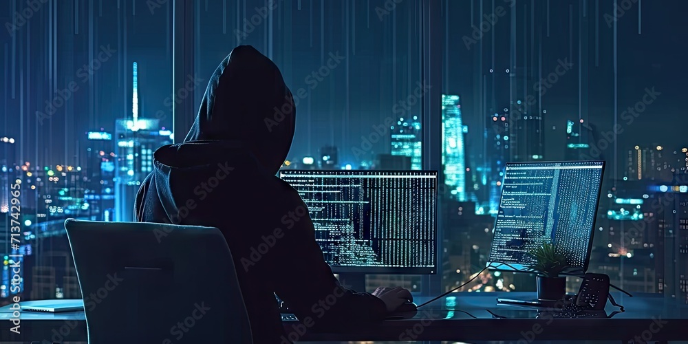 Aufkleber hacker with computer in dark setting technology security breach hacking cyber internet virus web cri