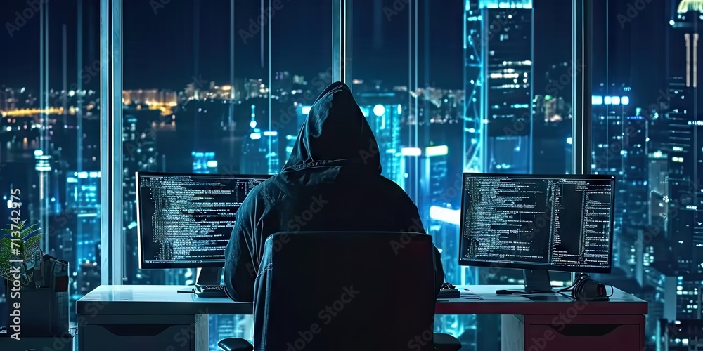 Aufkleber hacker with computer in dark setting technology security breach hacking cyber internet virus web cri