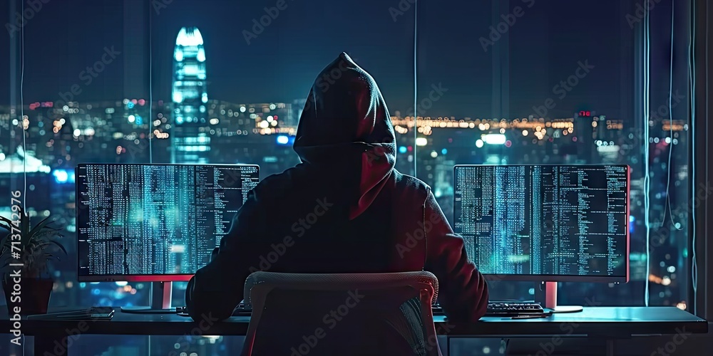 Poster hacker with computer in dark setting technology security breach hacking cyber internet virus web cri