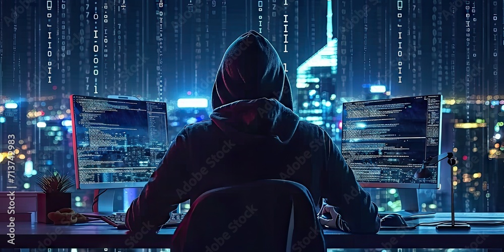 Poster hacker with computer in dark setting technology security breach hacking cyber internet virus web cri