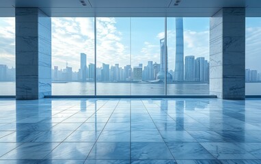 Empty cement floor with modern city skyline in blue sky background.