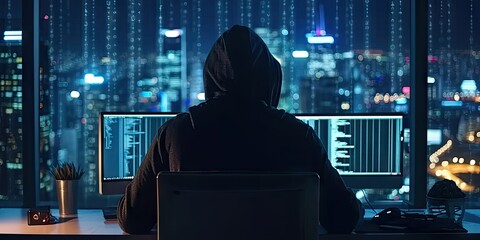 Hacker with computer in dark setting technology security breach hacking cyber internet virus web criminal identity crime on screen attack information monitor data man privacy system thief