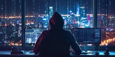 Hacker with computer in dark setting technology security breach hacking cyber internet virus web criminal identity crime on screen attack information monitor data man privacy system thief