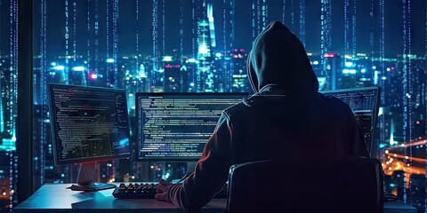 Hacker with computer in dark setting technology security breach hacking cyber internet virus web criminal identity crime on screen attack information monitor data man privacy system thief